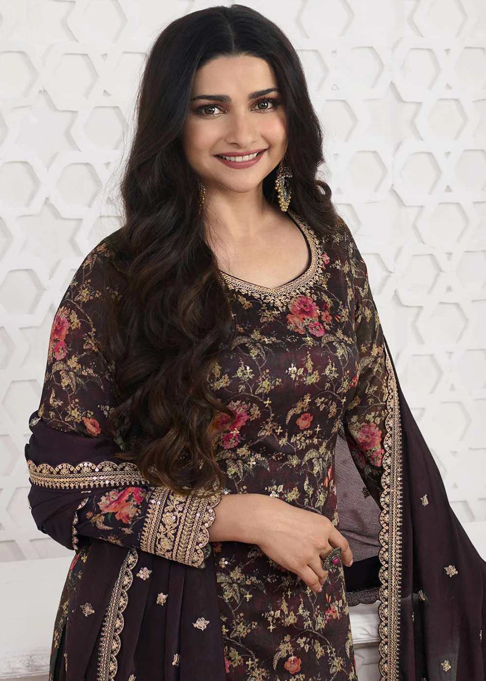 Prachi Desai Brown Silk Georgette Embroidered Sharara Suit - Image 2