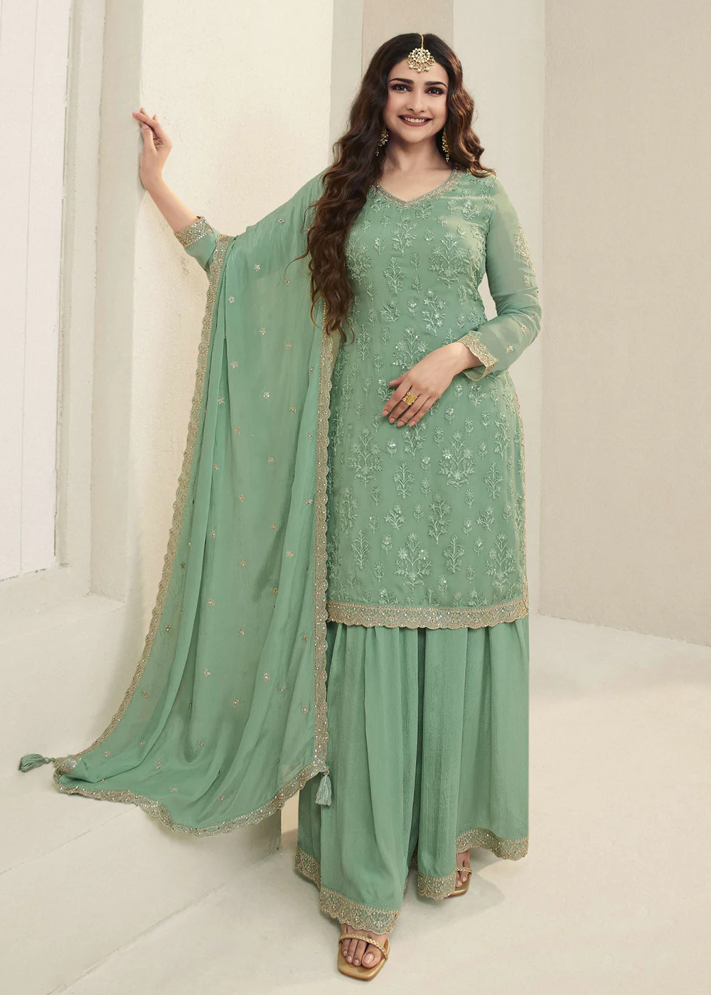 Prachi Desai Green Organza Embroidered Sharara Suit