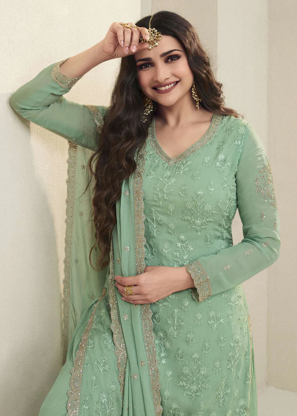 Prachi Desai Green Organza Embroidered Sharara Suit - Image 2