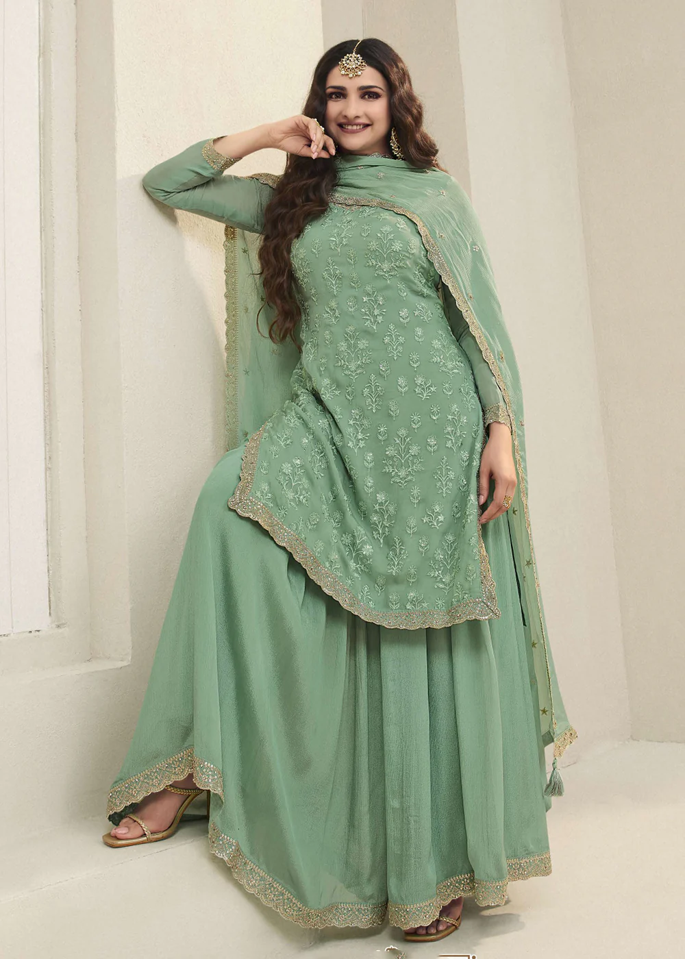 Prachi Desai Green Organza Embroidered Sharara Suit - Image 3