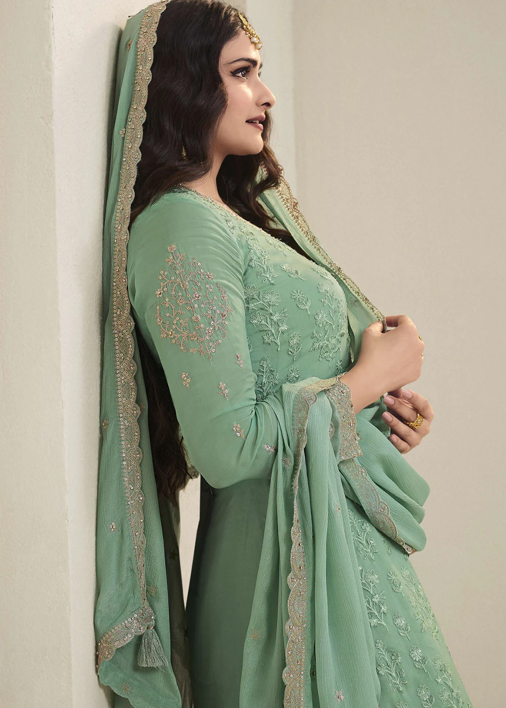 Prachi Desai Green Organza Embroidered Sharara Suit - Image 4