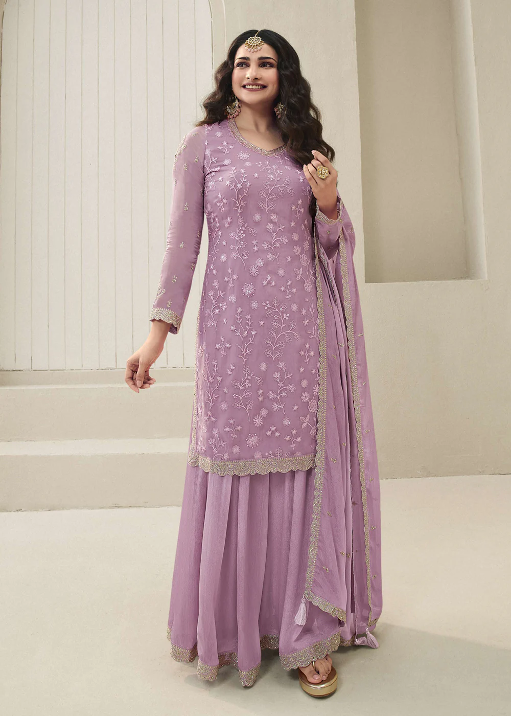 Prachi Desai Lilac Organza Embroidered Sharara Suit