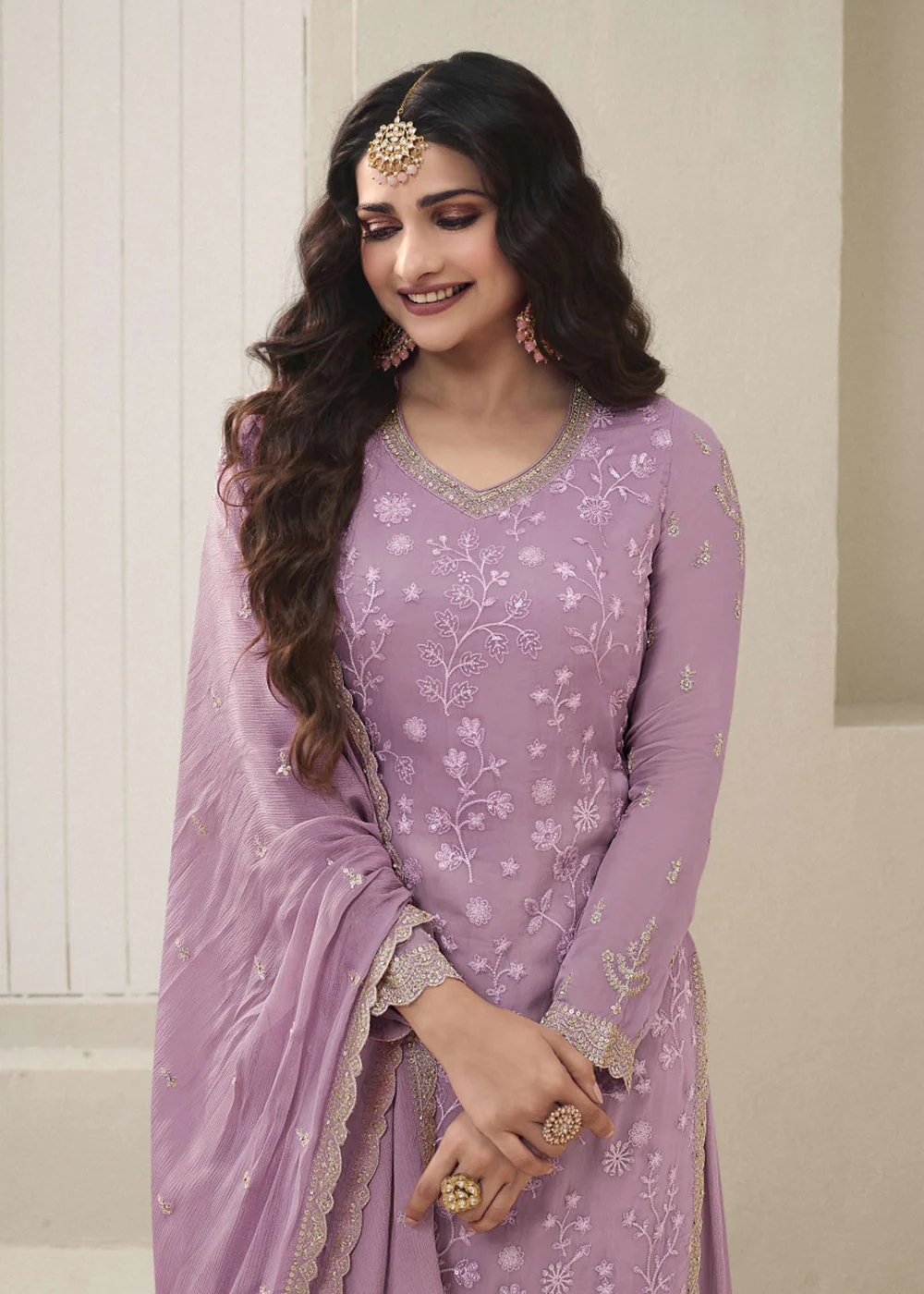 Prachi Desai Lilac Organza Embroidered Sharara Suit - Image 2
