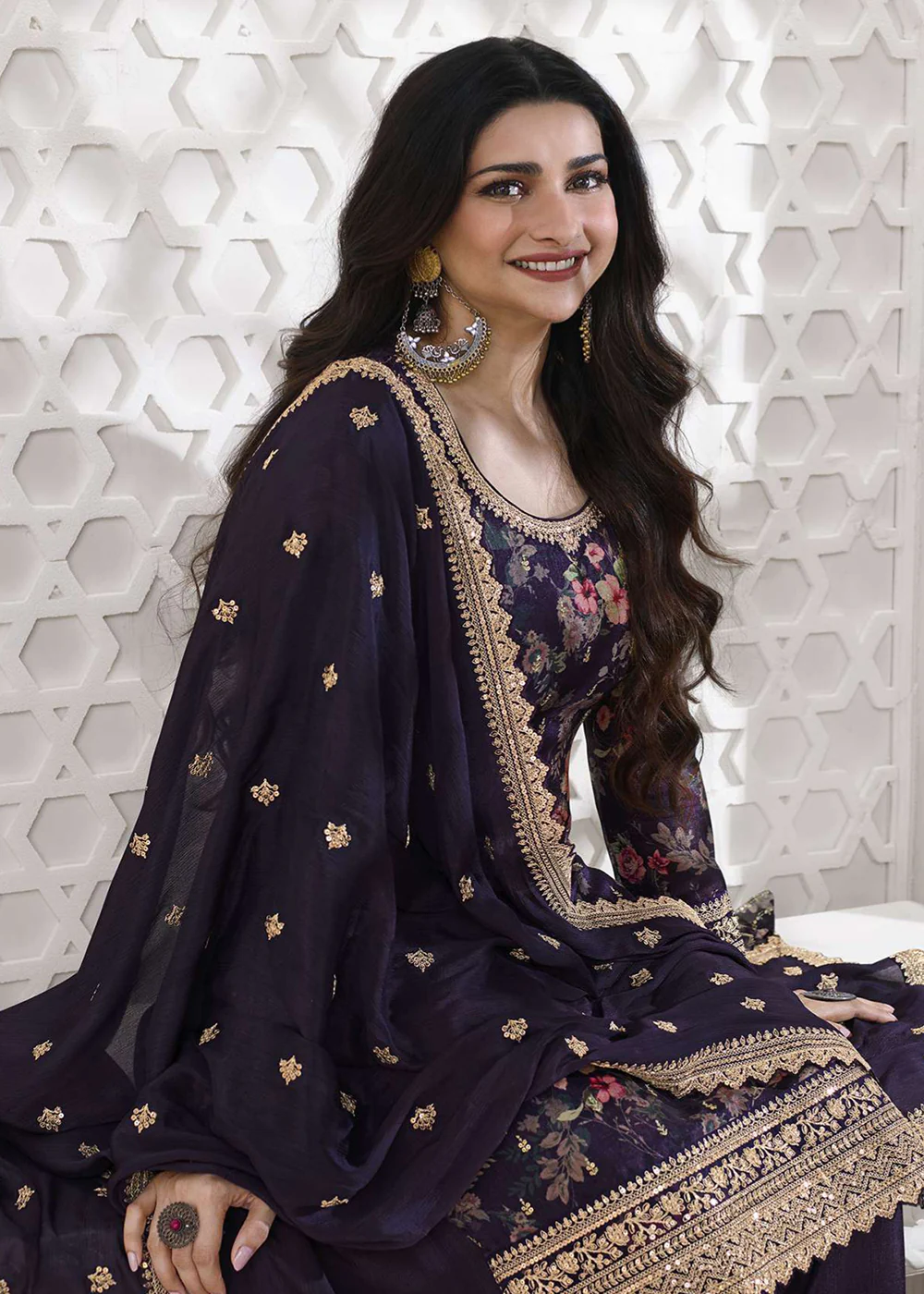 Prachi Desai Navy Blue Silk Georgette Embroidered Sharara Suit - Image 2