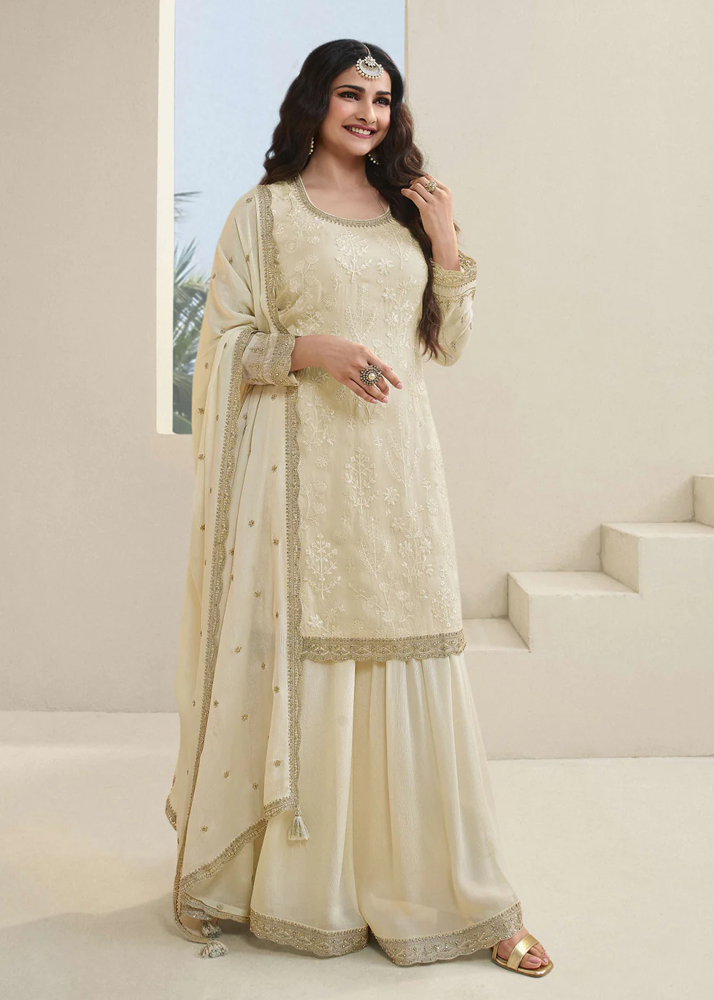 Prachi Desai Off White Organza Embroidered Sharara Suit