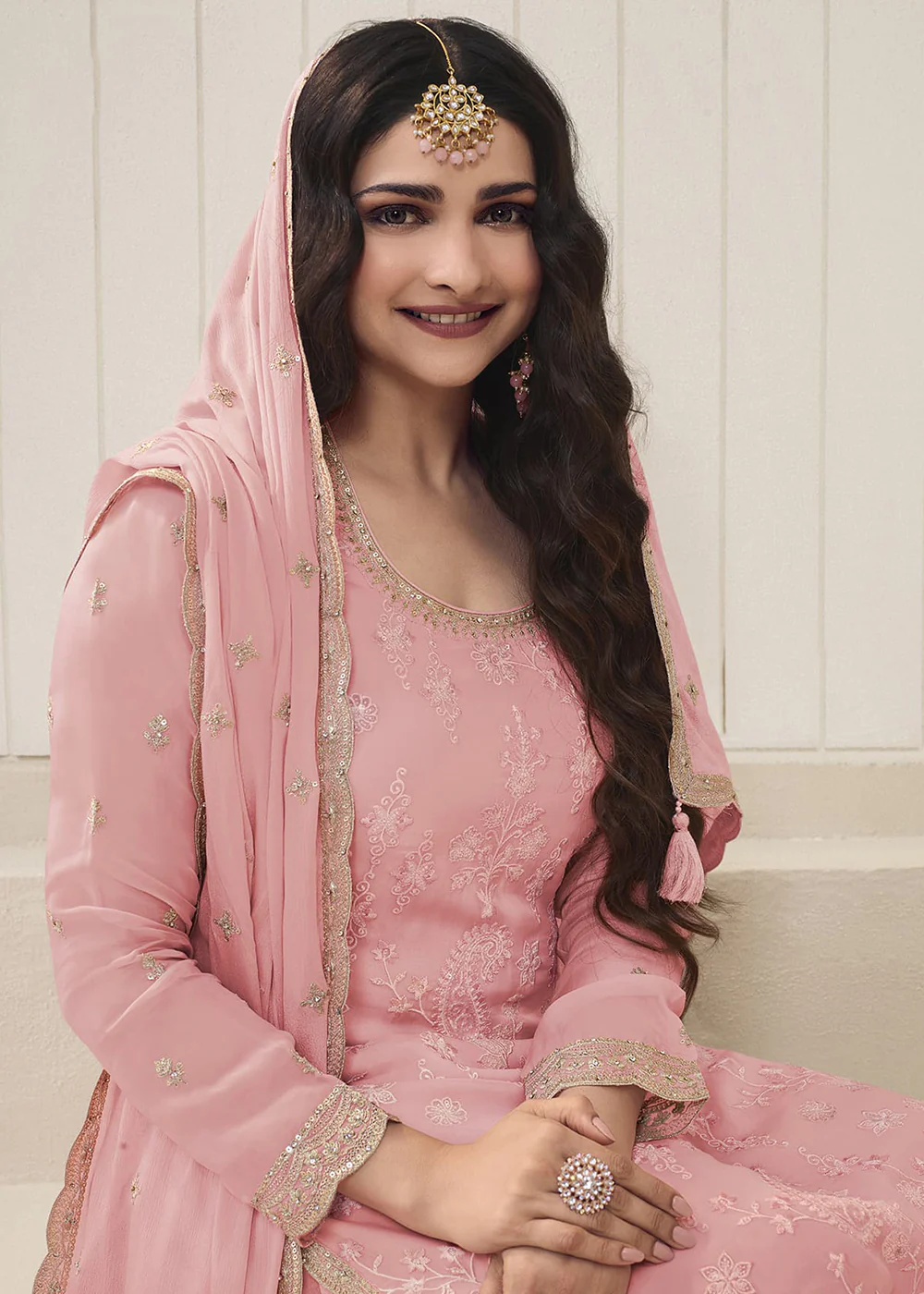 Prachi Desai Soft Pink Organza Embroidered Sharara Suit - Image 2