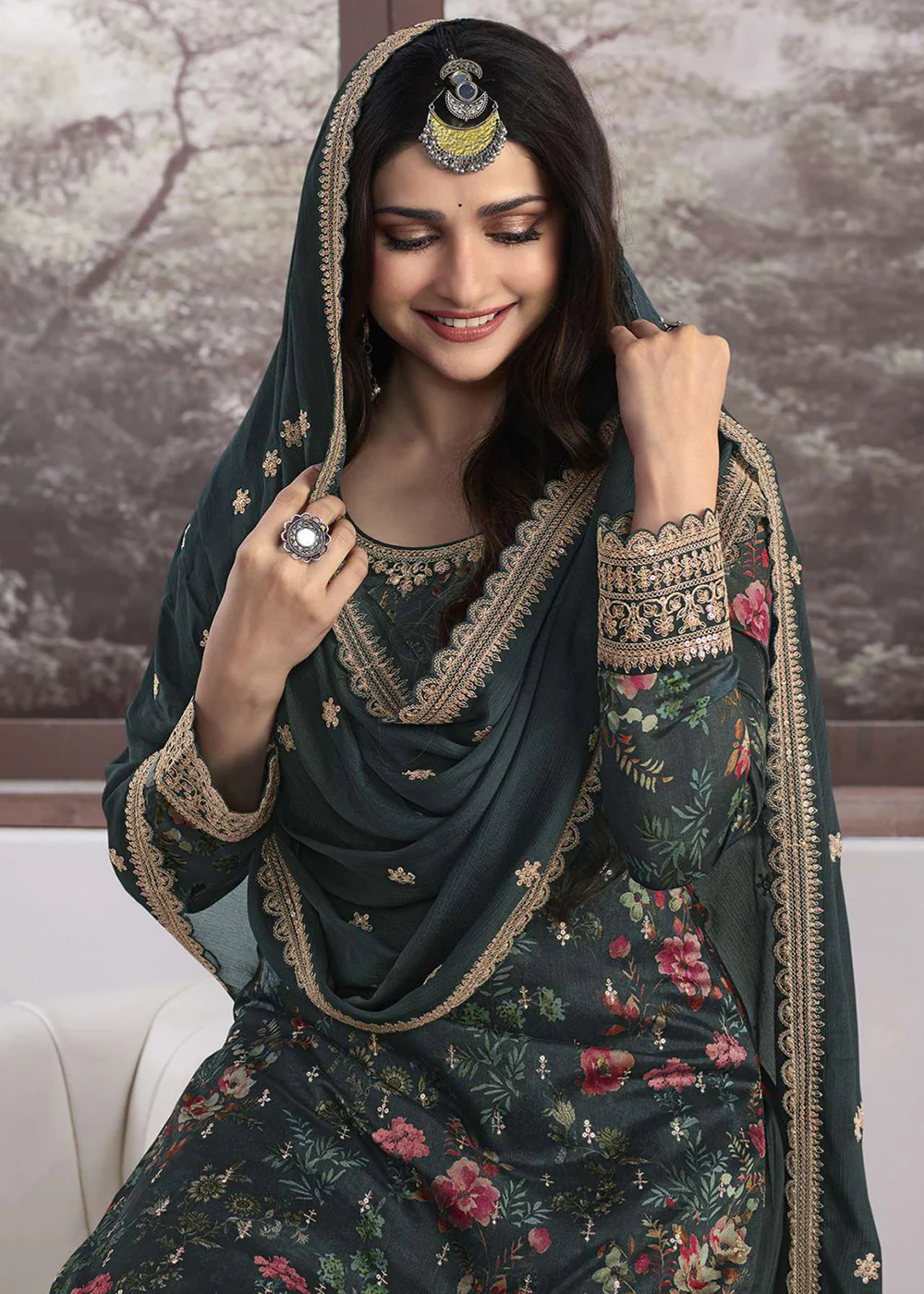 Prachi Desai Teal Green Silk Georgette Embroidered Sharara Suit - Image 2