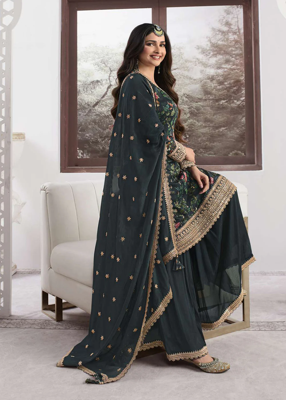 Prachi Desai Teal Green Silk Georgette Embroidered Sharara Suit - Image 3