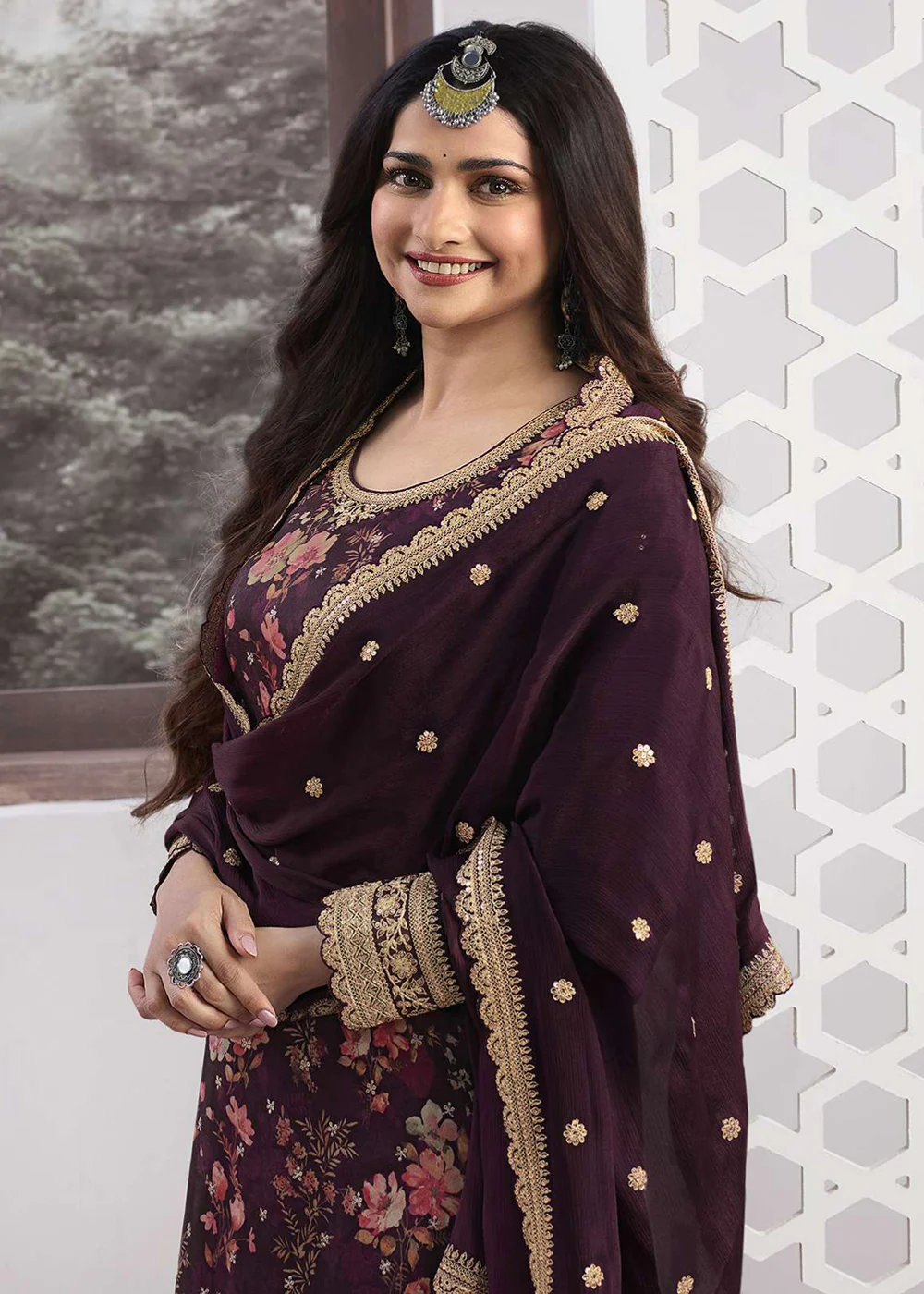Prachi Desai Wine Silk Georgette Embroidered Sharara Suit - Image 2