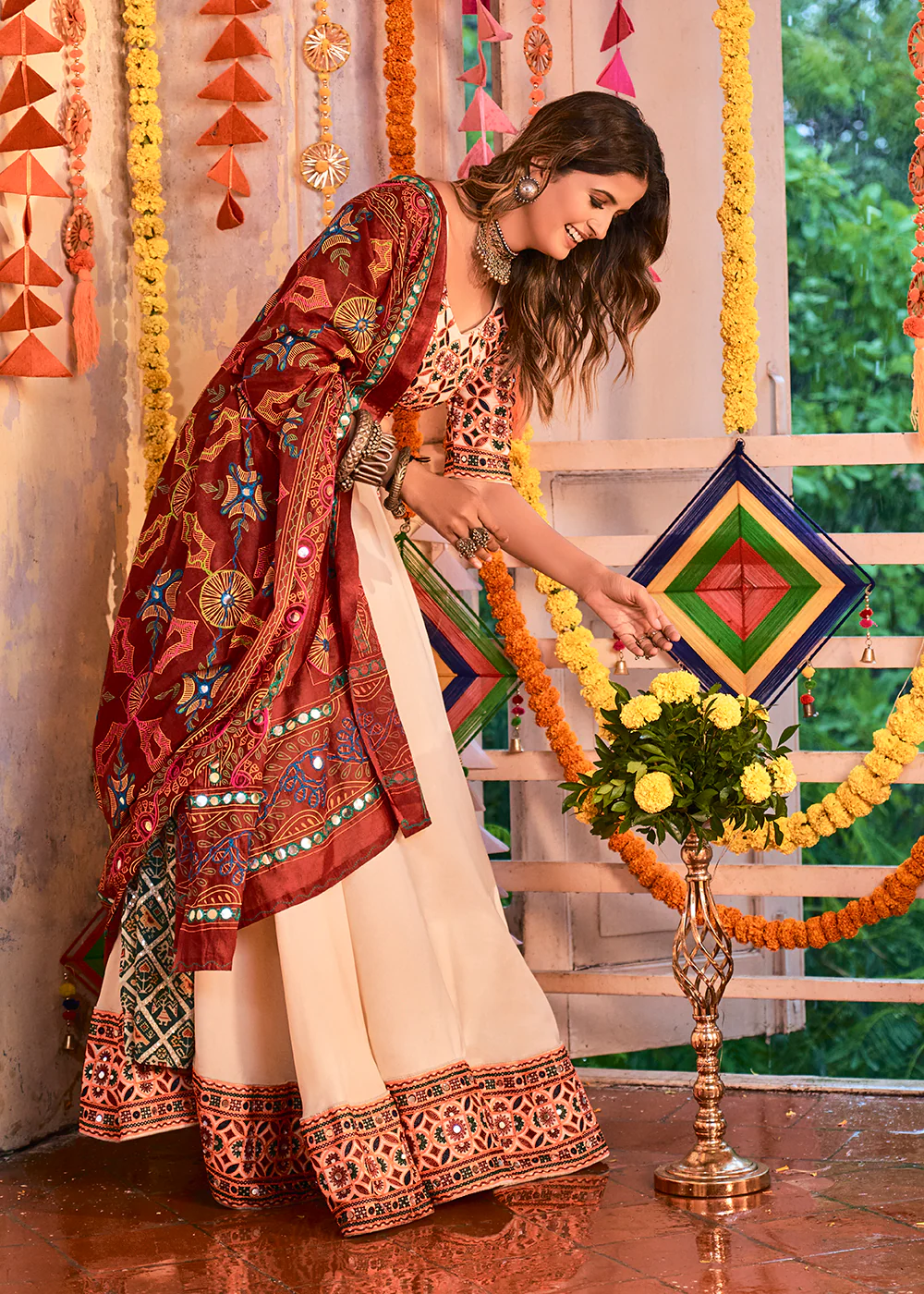 Precious Beige Maslin Cotton Mirror Navratri Chaniya Choli - Image 3