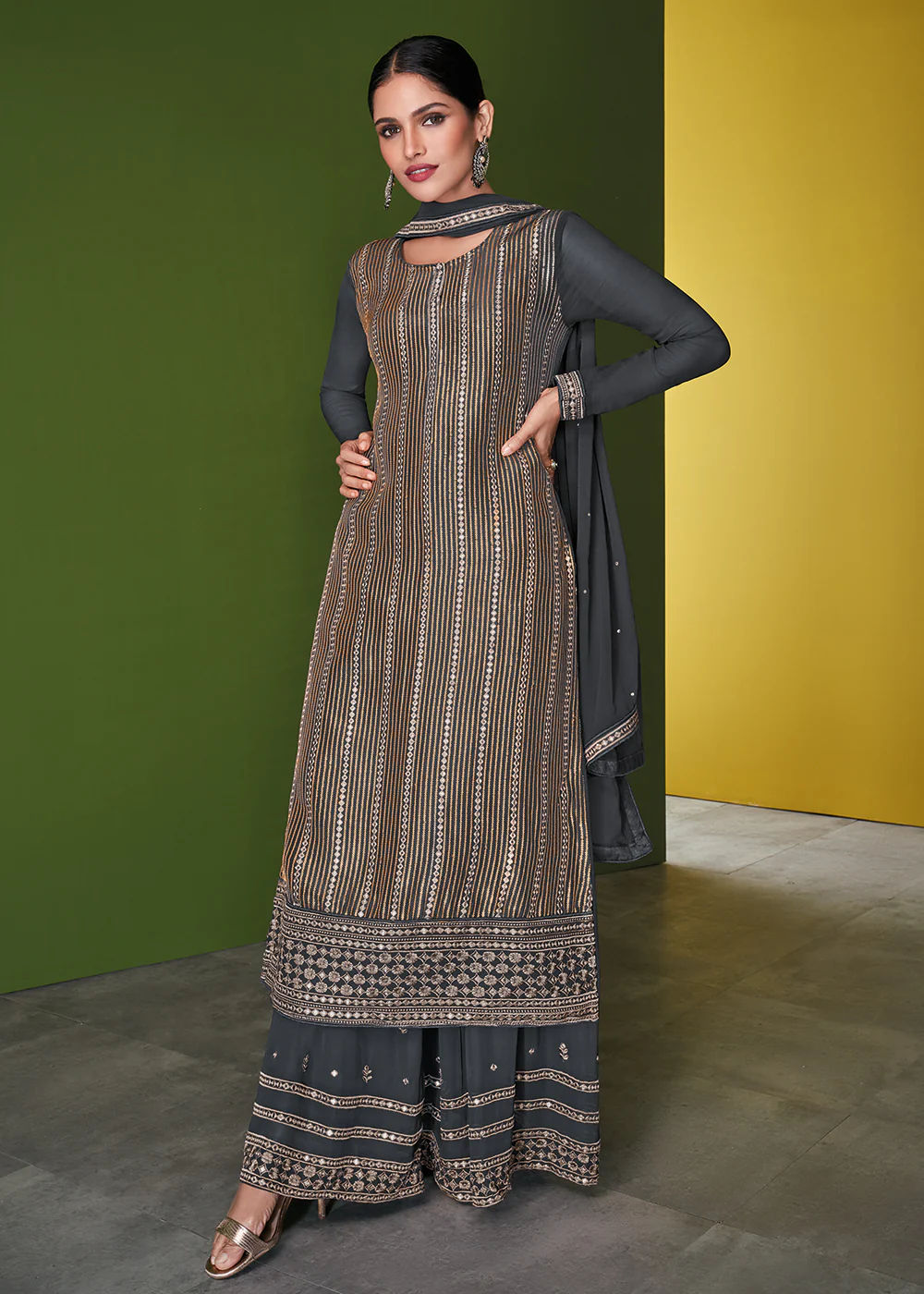 Precious Grey Beautifully Embroidered Festive Palazzo Suit