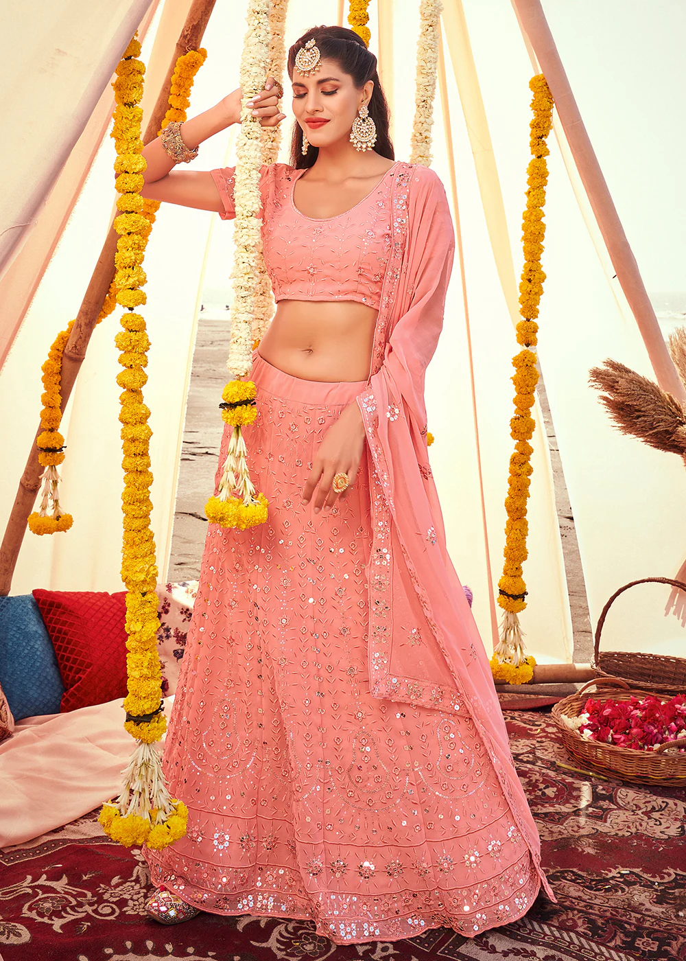 Precious Pink Sequined Wedding Function Wear Lehenga Choli - Image 3