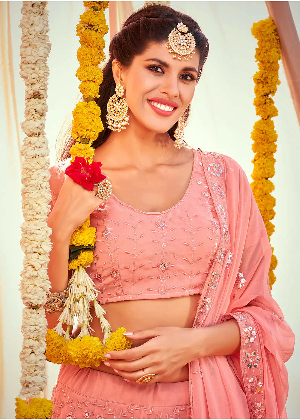 Precious Pink Sequined Wedding Function Wear Lehenga Choli - Image 4