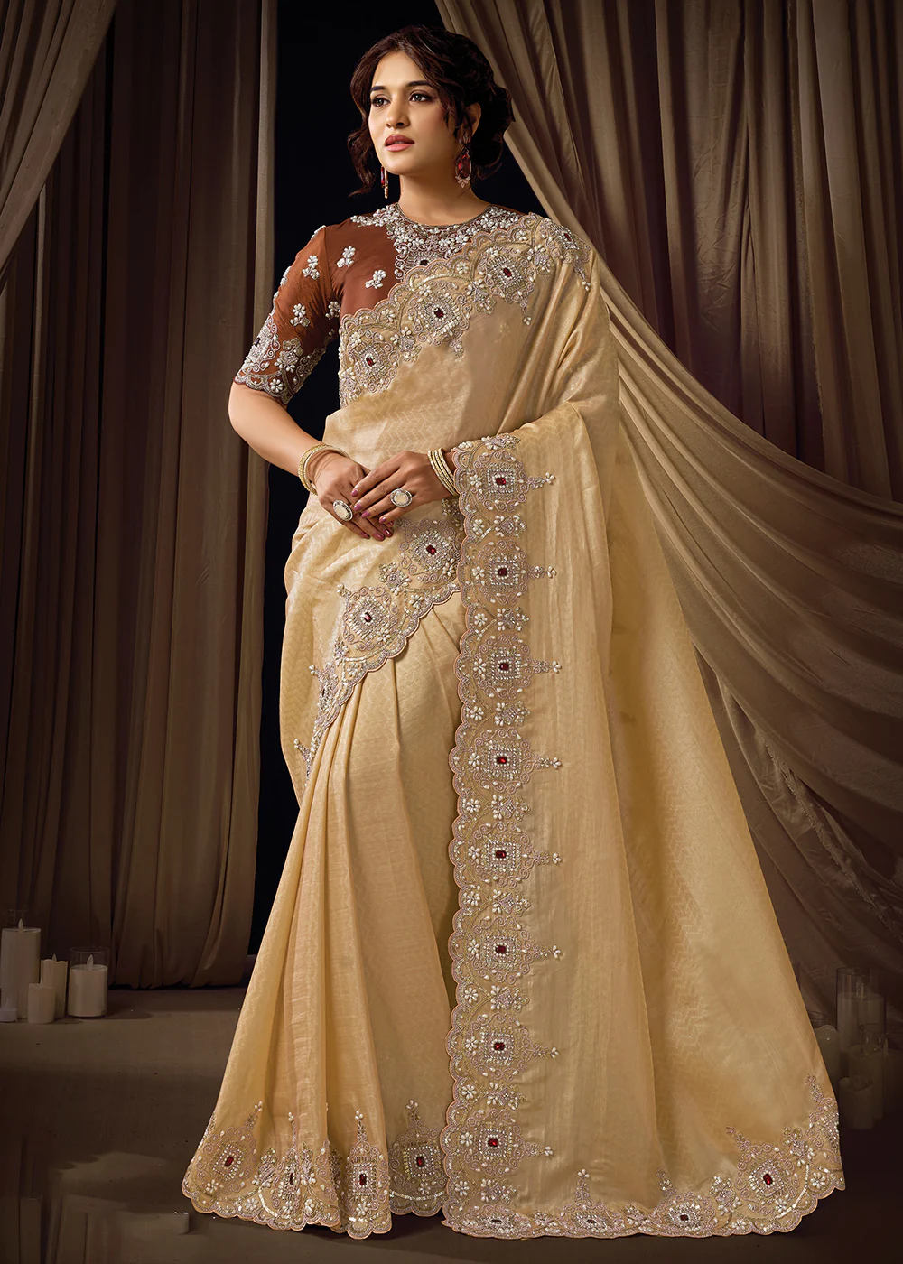 Premium Beige Brown Embroidered Heavy Designer Wear Saree