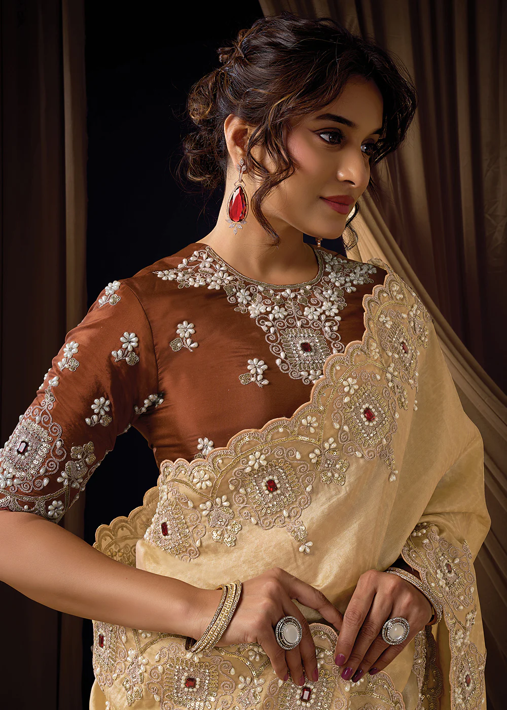 Premium Beige Brown Embroidered Heavy Designer Wear Saree - Image 2