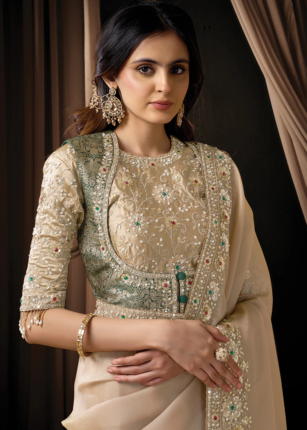Premium Beige Embroidered Heavy Designer Wear Saree - Image 2