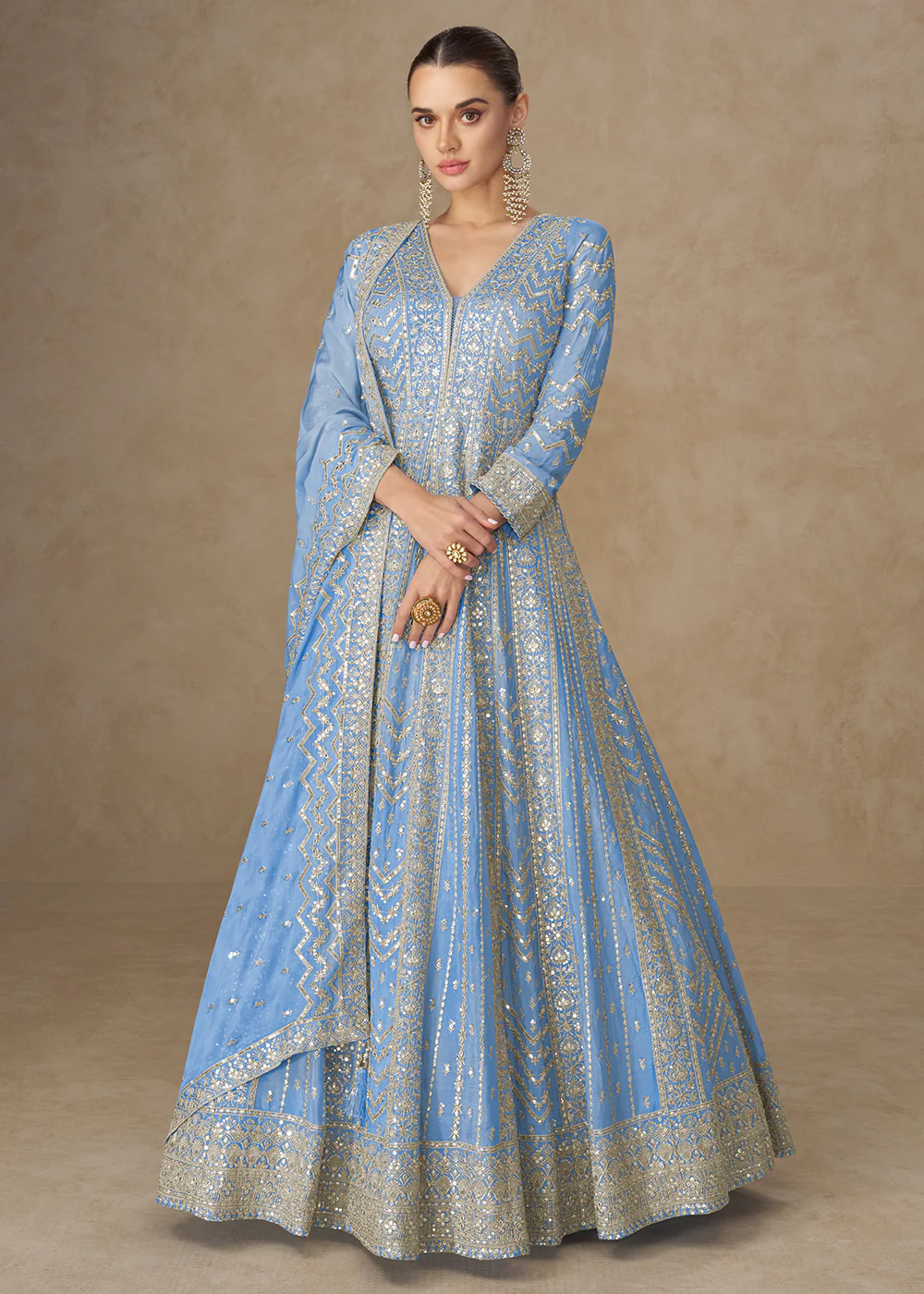 Premium Blue Chinnon Silk Wedding Anarkali Suit