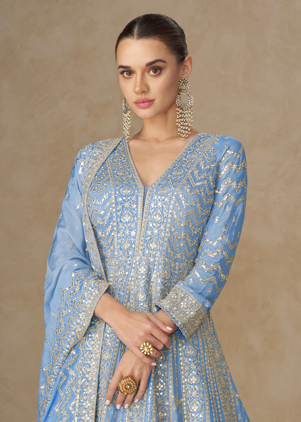 Premium Blue Chinnon Silk Wedding Anarkali Suit - Image 2
