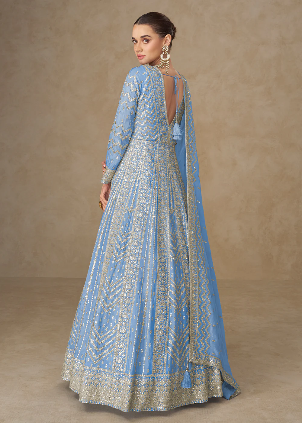 Premium Blue Chinnon Silk Wedding Anarkali Suit - Image 3