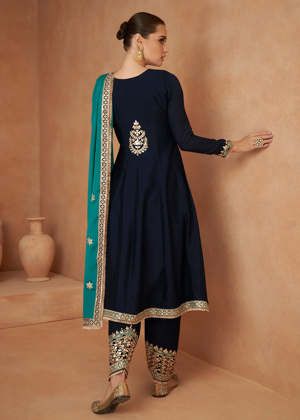Premium Chinnon Dark Blue Punjabi Style Salwar Suit - Image 3