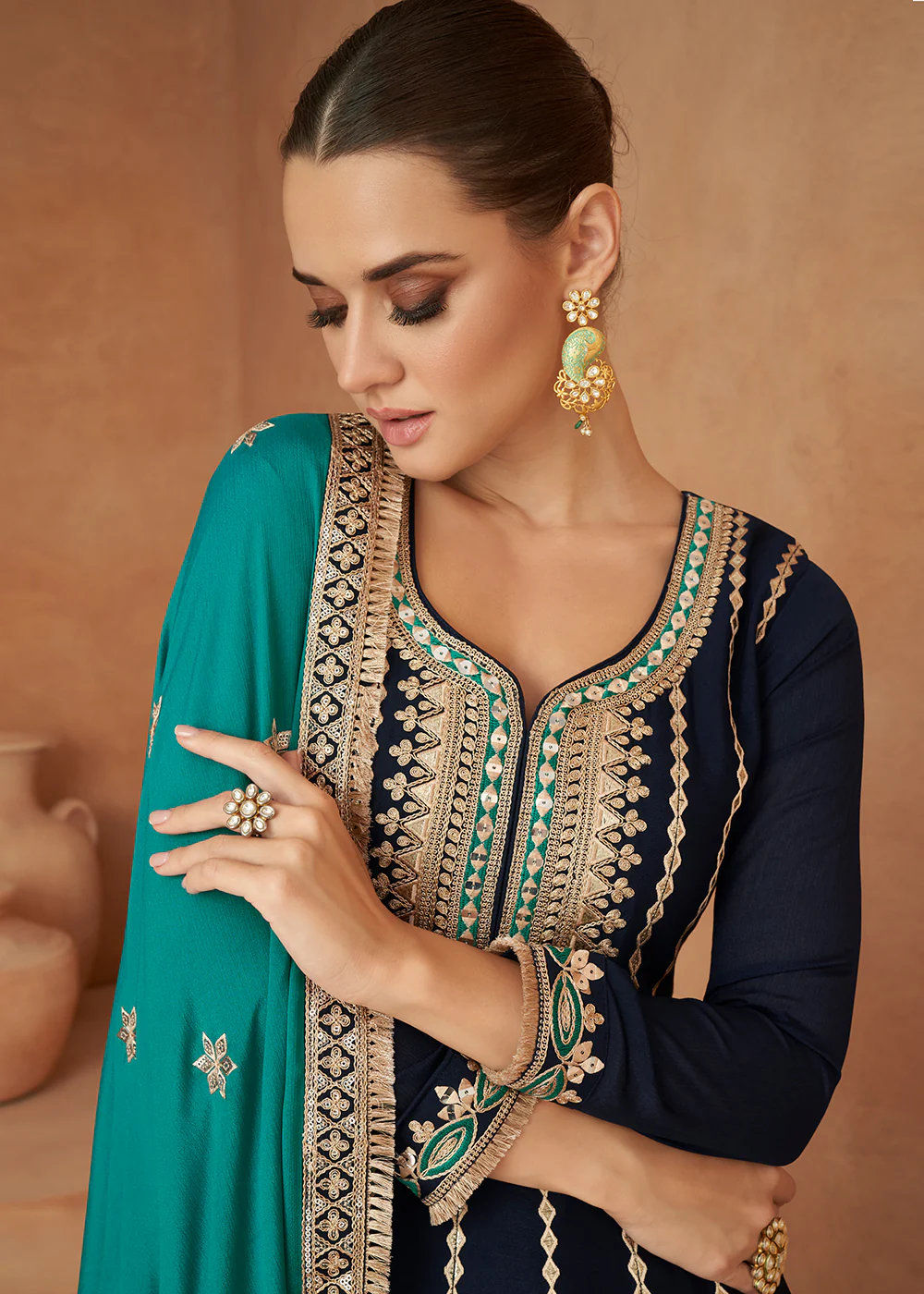 Premium Chinnon Dark Blue Punjabi Style Salwar Suit - Image 4