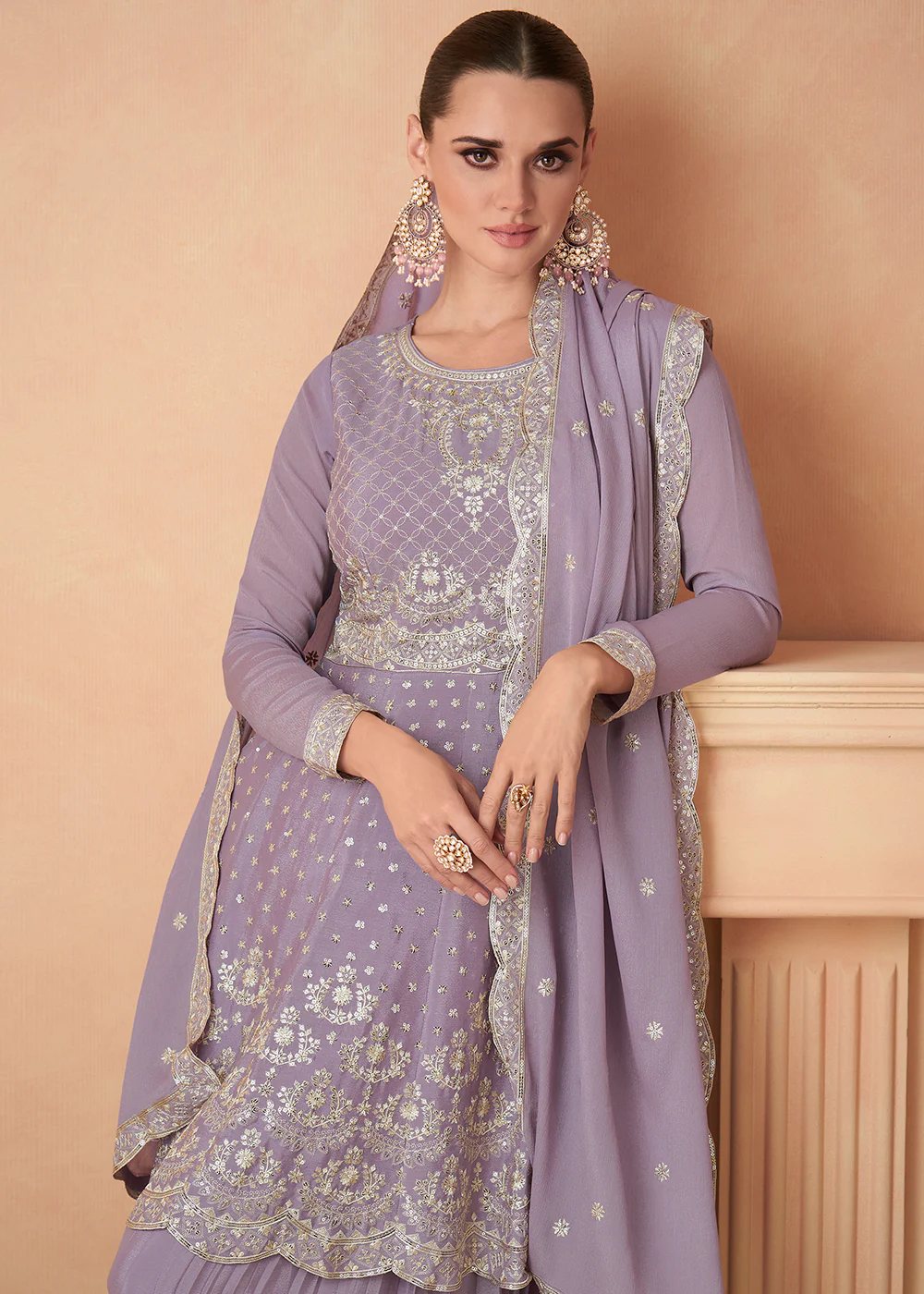 Premium Chinnon Lavender Embroidered Wedding Palazzo Suit - Image 2