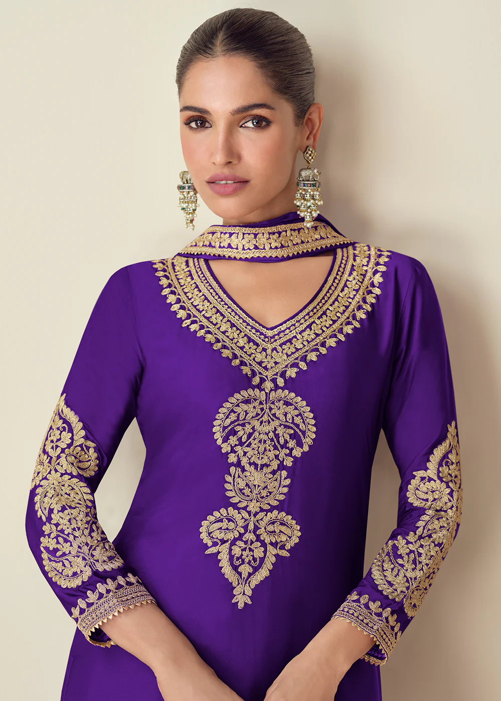 Premium Chinnon Purple Embroidered Palazzo Style Suit - Image 2