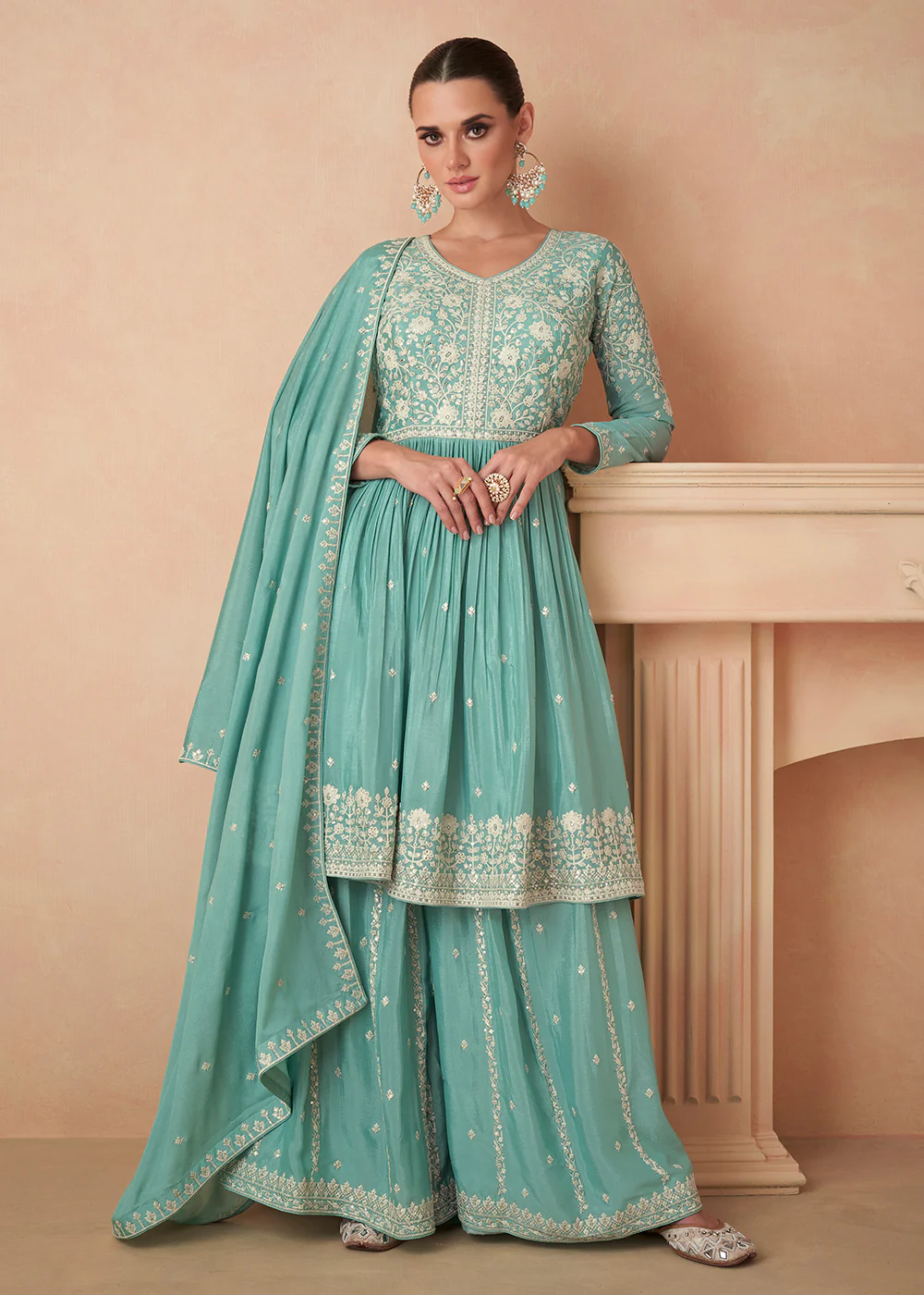 Premium Chinnon Sea Green Embroidered Wedding Palazzo Suit