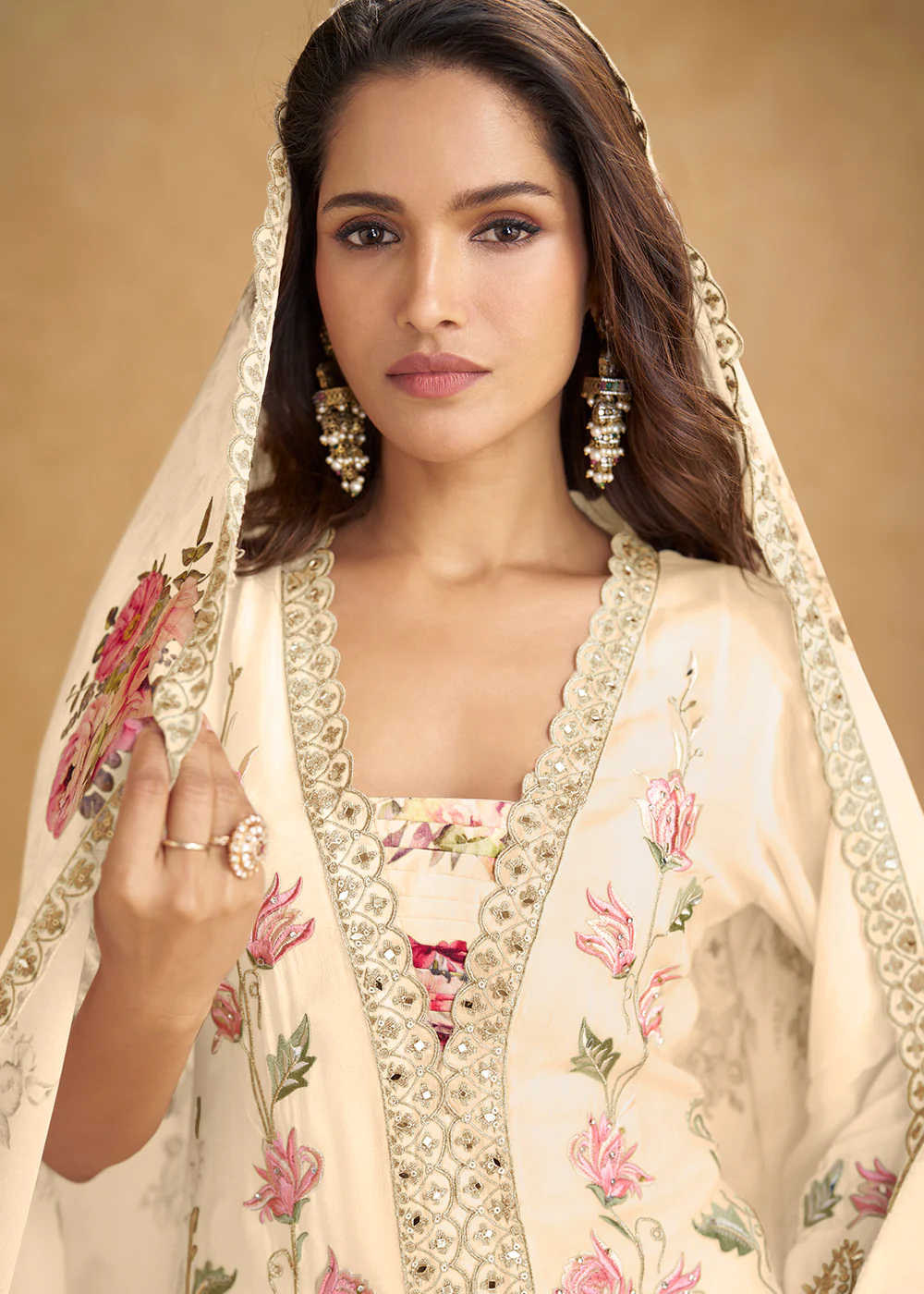 Premium Cream Color Chinnon Palazzo Suit - Image 2
