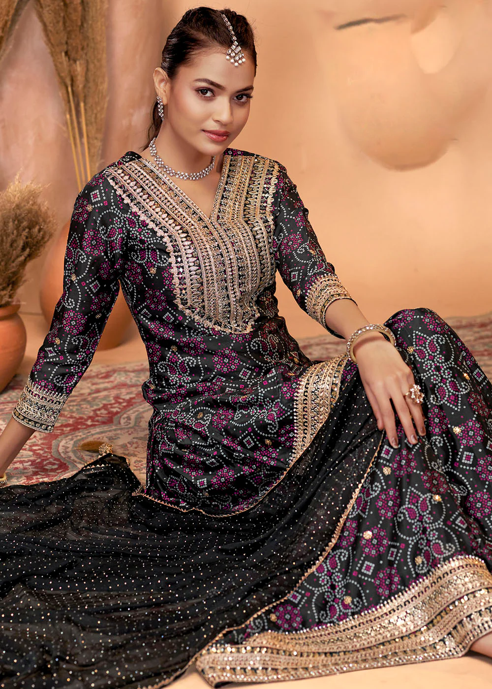 Premium Embroidered Black Trendy Palazzo Style Suit - Image 4