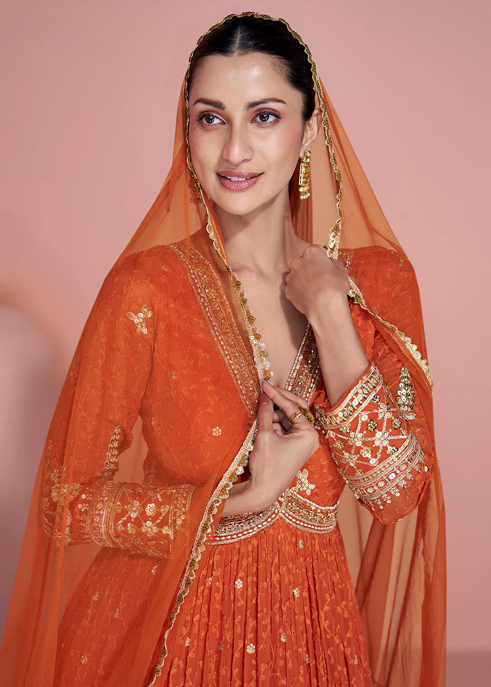 Premium Embroidered Orange Festive Anarkali Gown - Image 2