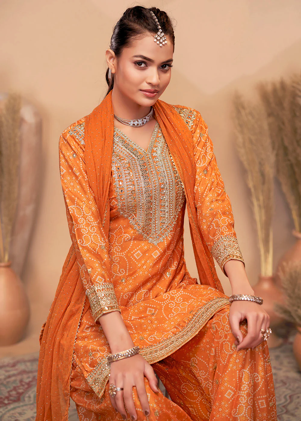 Premium Embroidered Orange Trendy Palazzo Style Suit - Image 2