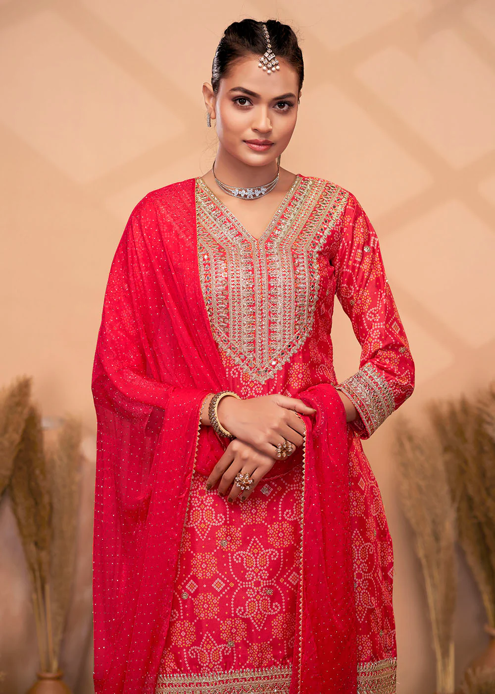 Premium Embroidered Red Trendy Palazzo Style Suit - Image 2
