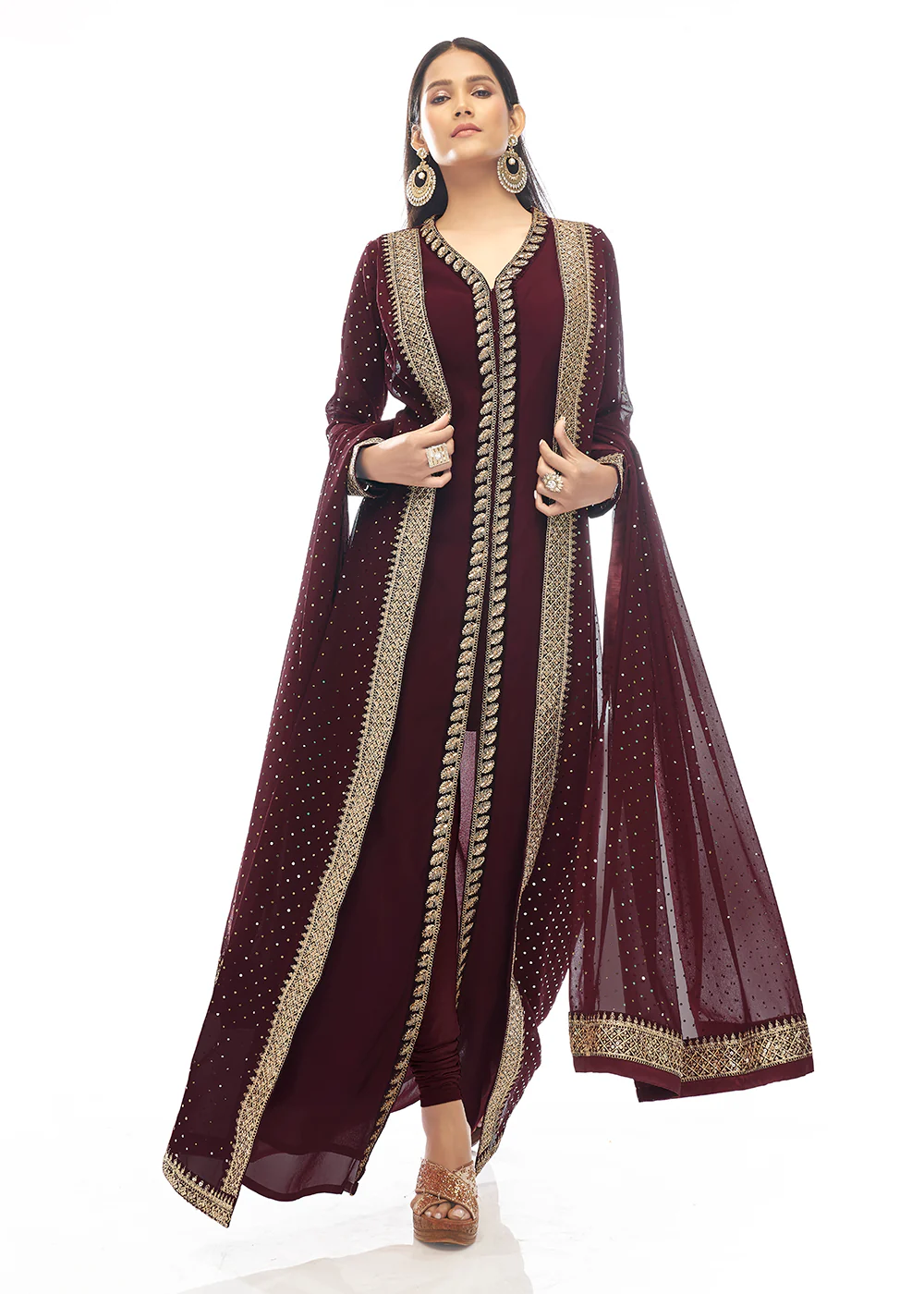 Premium Georgette Anger Red Jacket Style Anarkali Dress - Image 3