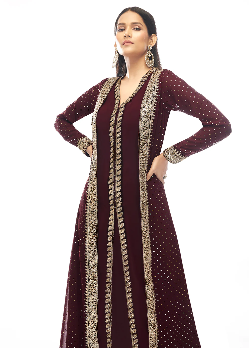 Premium Georgette Anger Red Jacket Style Anarkali Dress - Image 4
