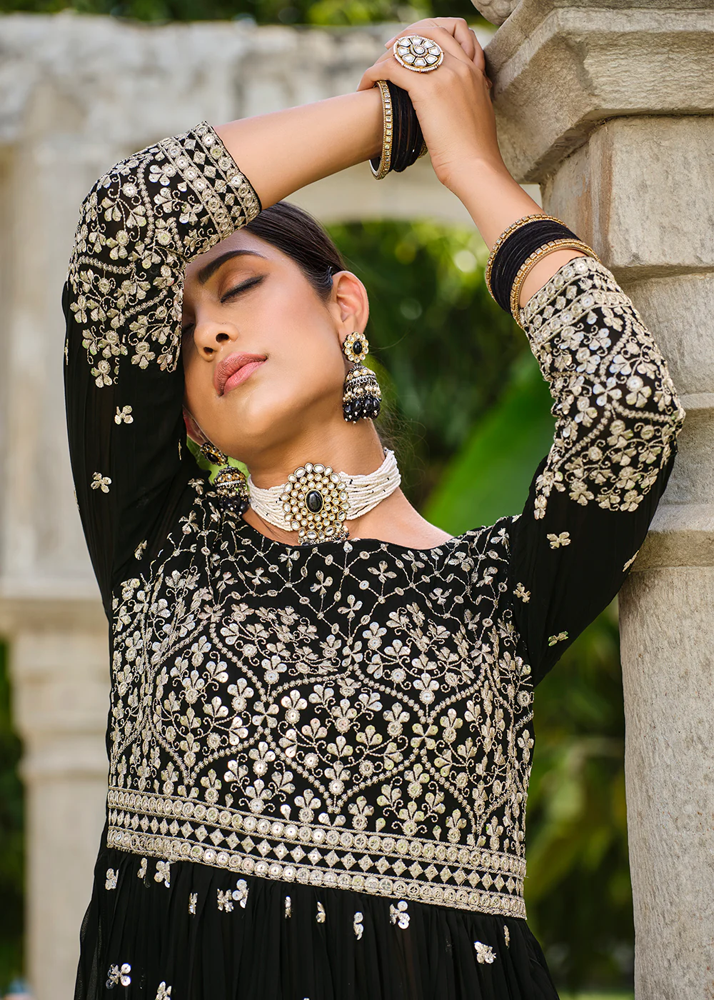 Premium Georgette Black Sequins & Crushed Wedding Festive Palazzo Suit - Image 4