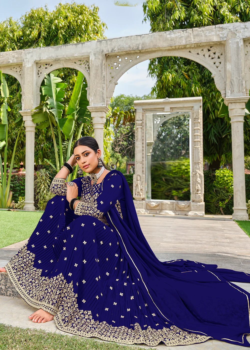 Premium Georgette Blue Sequins & Crushed Wedding Festive Palazzo Suit - Image 3