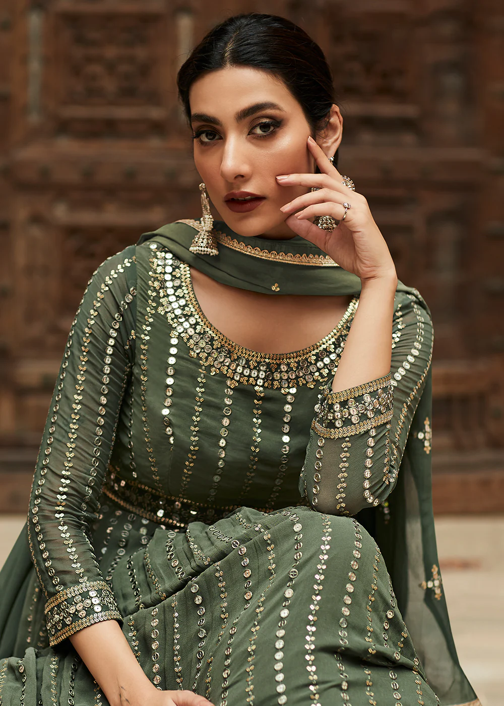 Premium Georgette Olive Green Embellished Anarkali Dress - Image 2