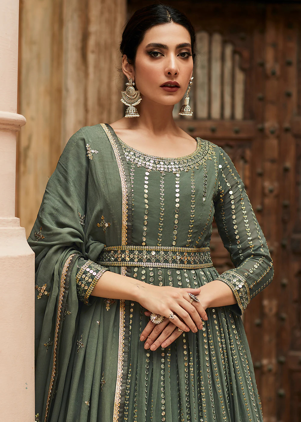 Premium Georgette Olive Green Embellished Anarkali Dress - Image 4