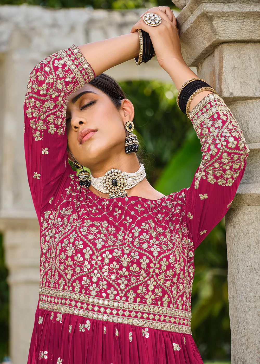 Premium Georgette Pink Sequins & Crushed Wedding Festive Palazzo Suit - Image 3