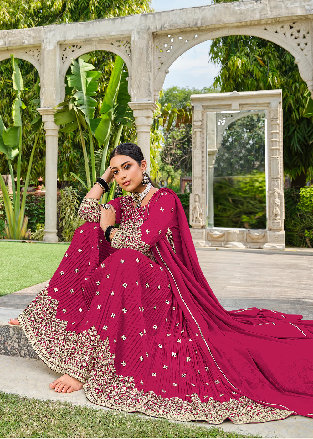 Premium Georgette Pink Sequins & Crushed Wedding Festive Palazzo Suit - Image 4