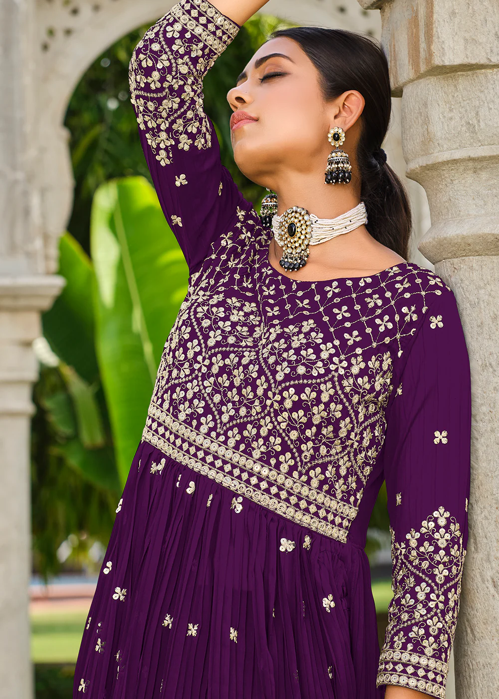 Premium Georgette Purple Sequins & Crushed Wedding Festive Palazzo Suit - Image 2