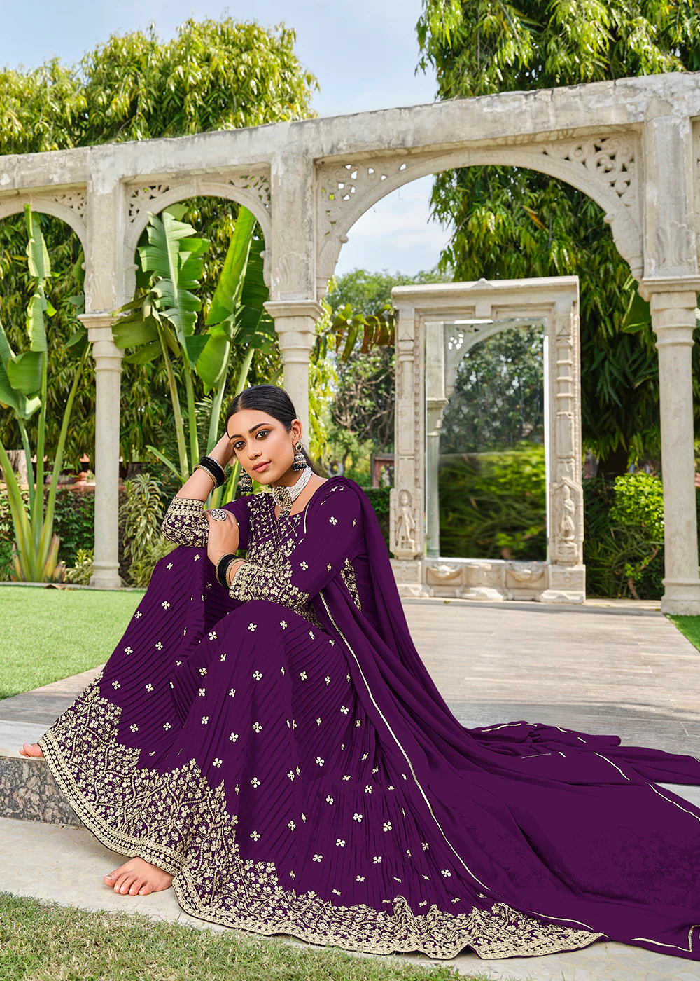 Premium Georgette Purple Sequins & Crushed Wedding Festive Palazzo Suit - Image 3