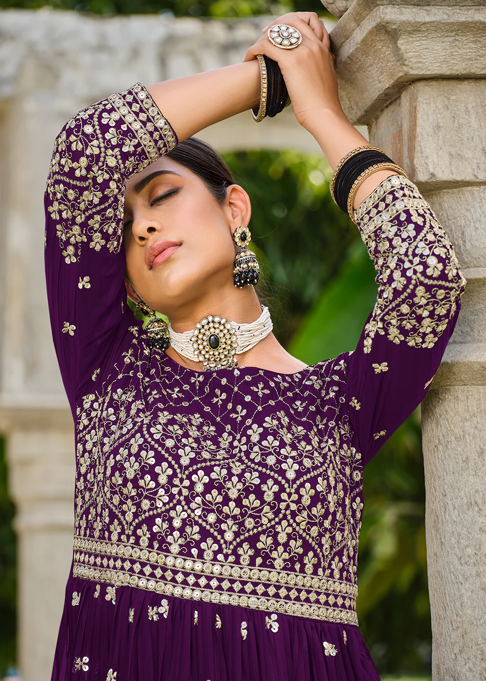 Premium Georgette Purple Sequins & Crushed Wedding Festive Palazzo Suit - Image 4