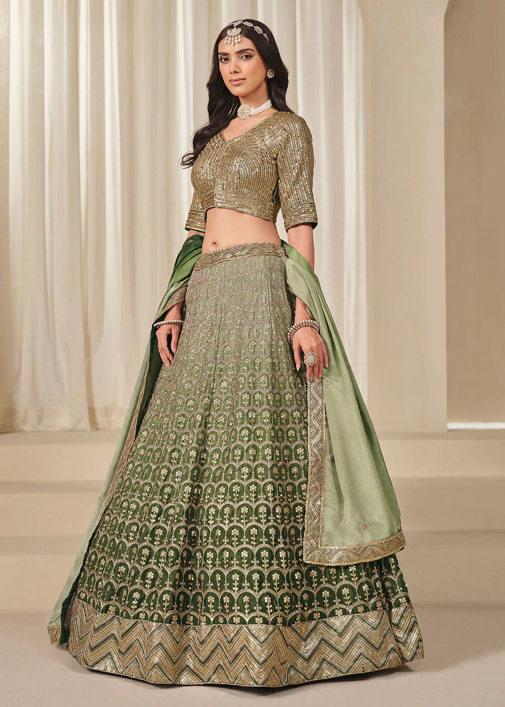 Premium Green Chinnon Silk Wedding Festive Lehenga Choli