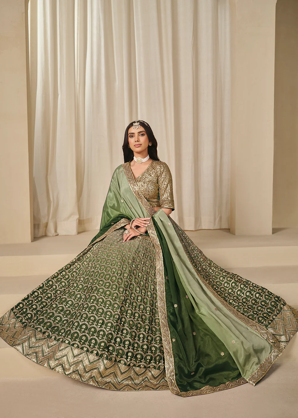 Premium Green Chinnon Silk Wedding Festive Lehenga Choli - Image 4