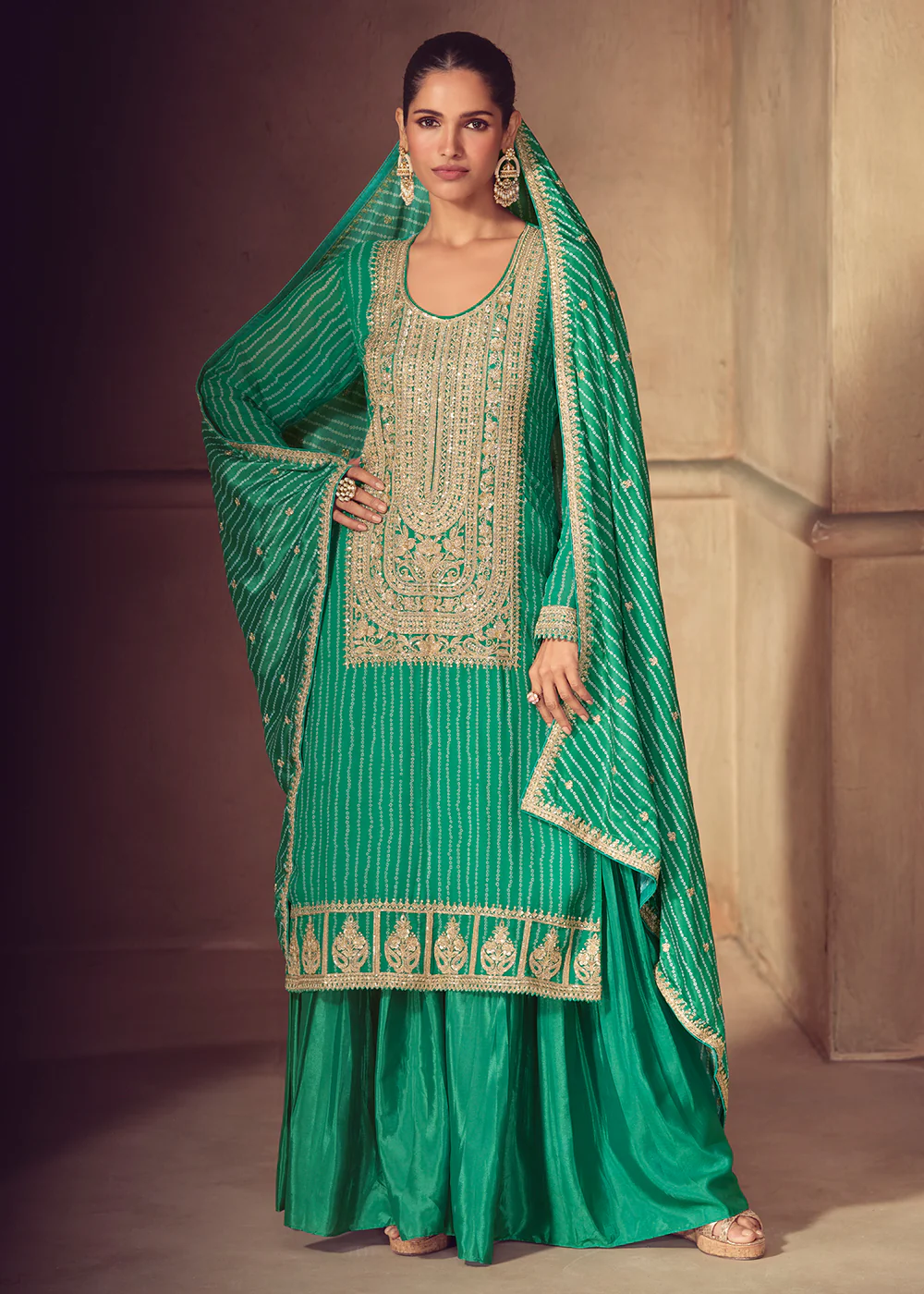 Premium Green Embroidered Festive Sharara Style Suit
