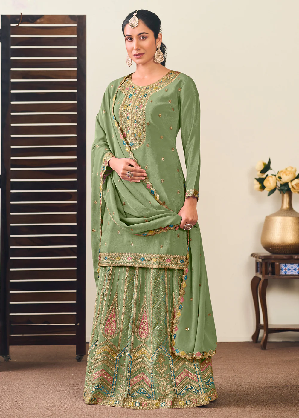 Premium Green Embroidered Trendy Lehenga Style Suit