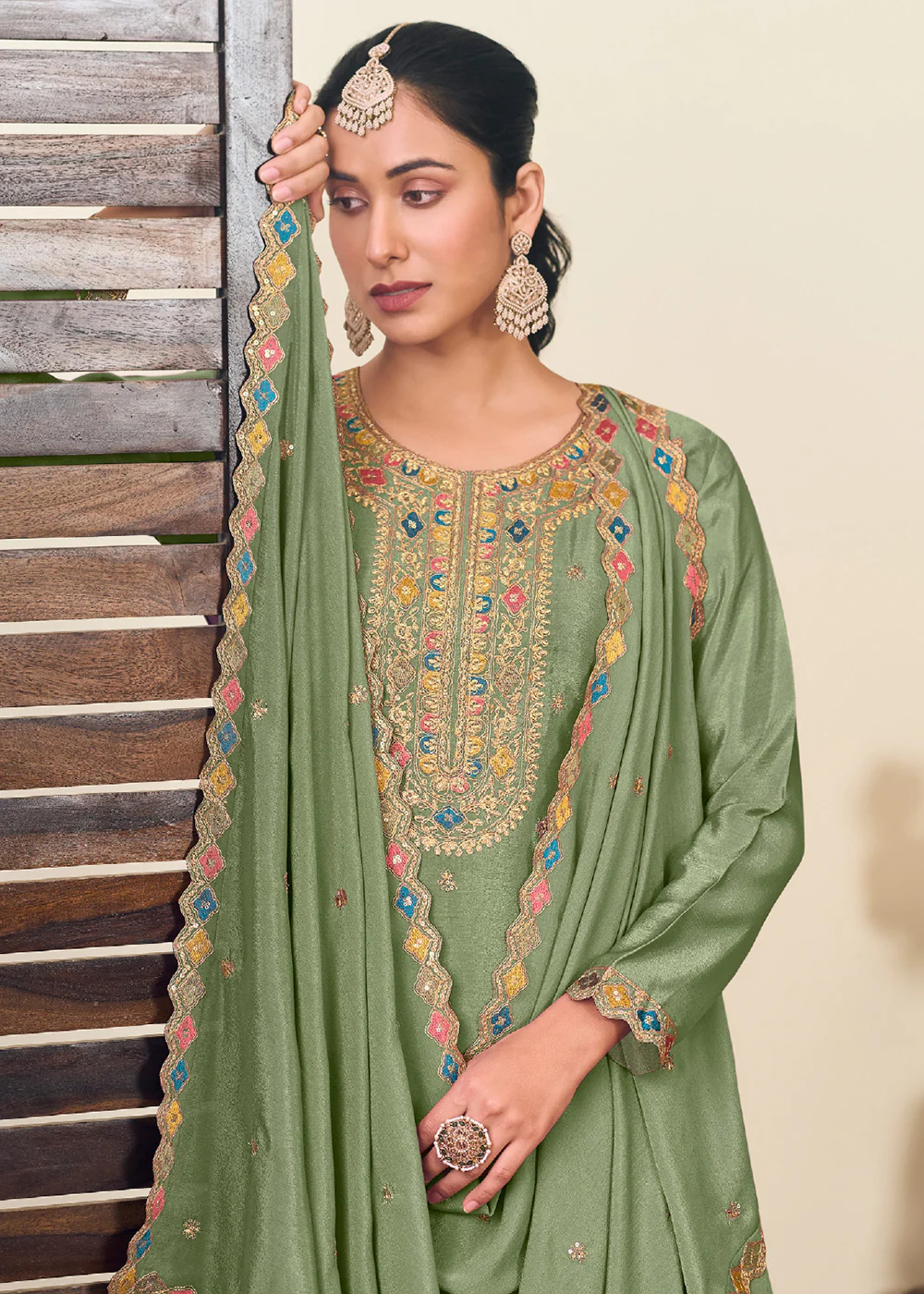 Premium Green Embroidered Trendy Lehenga Style Suit - Image 2