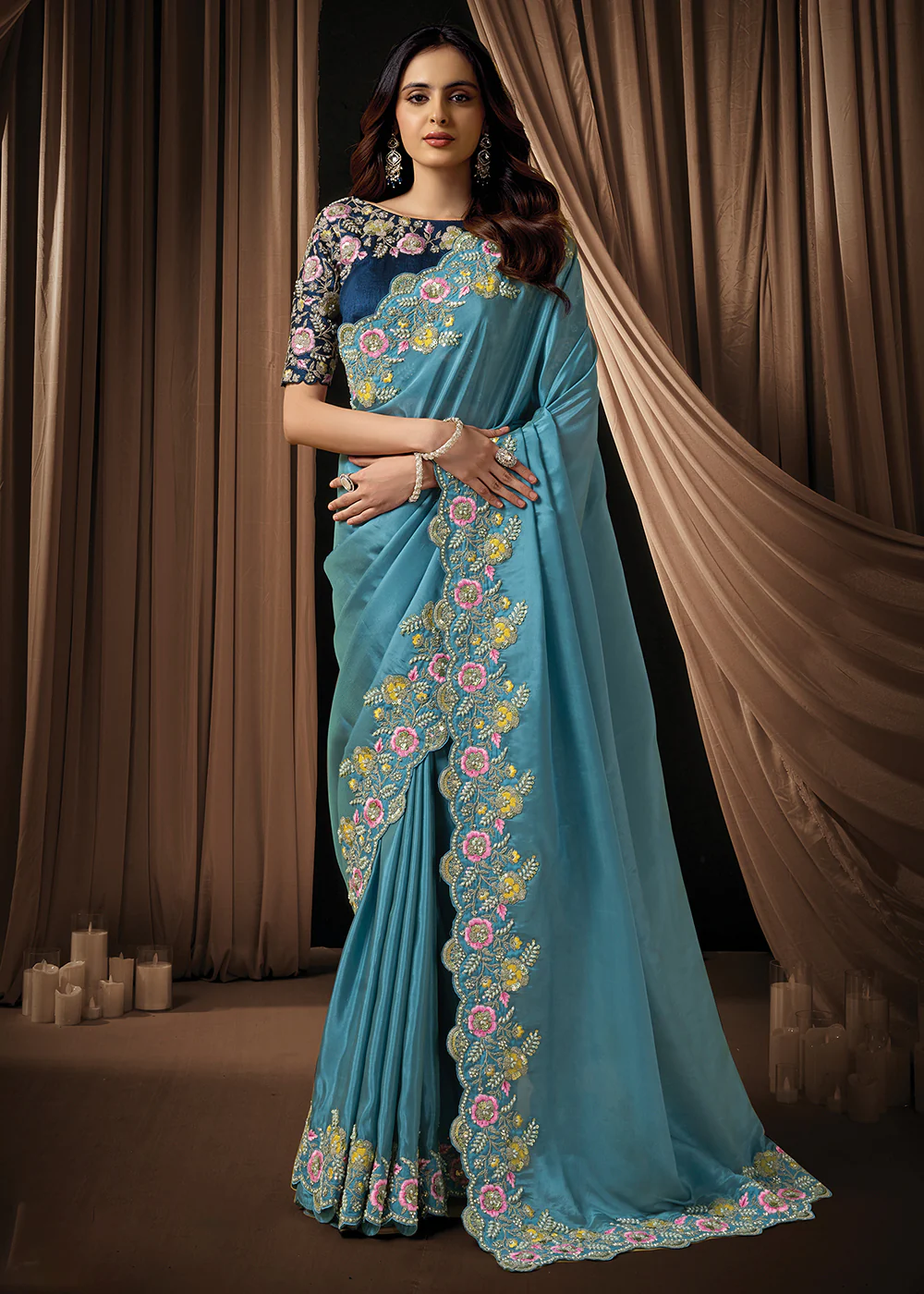 Premium Light Blue Embroidered Heavy Designer Wear Saree